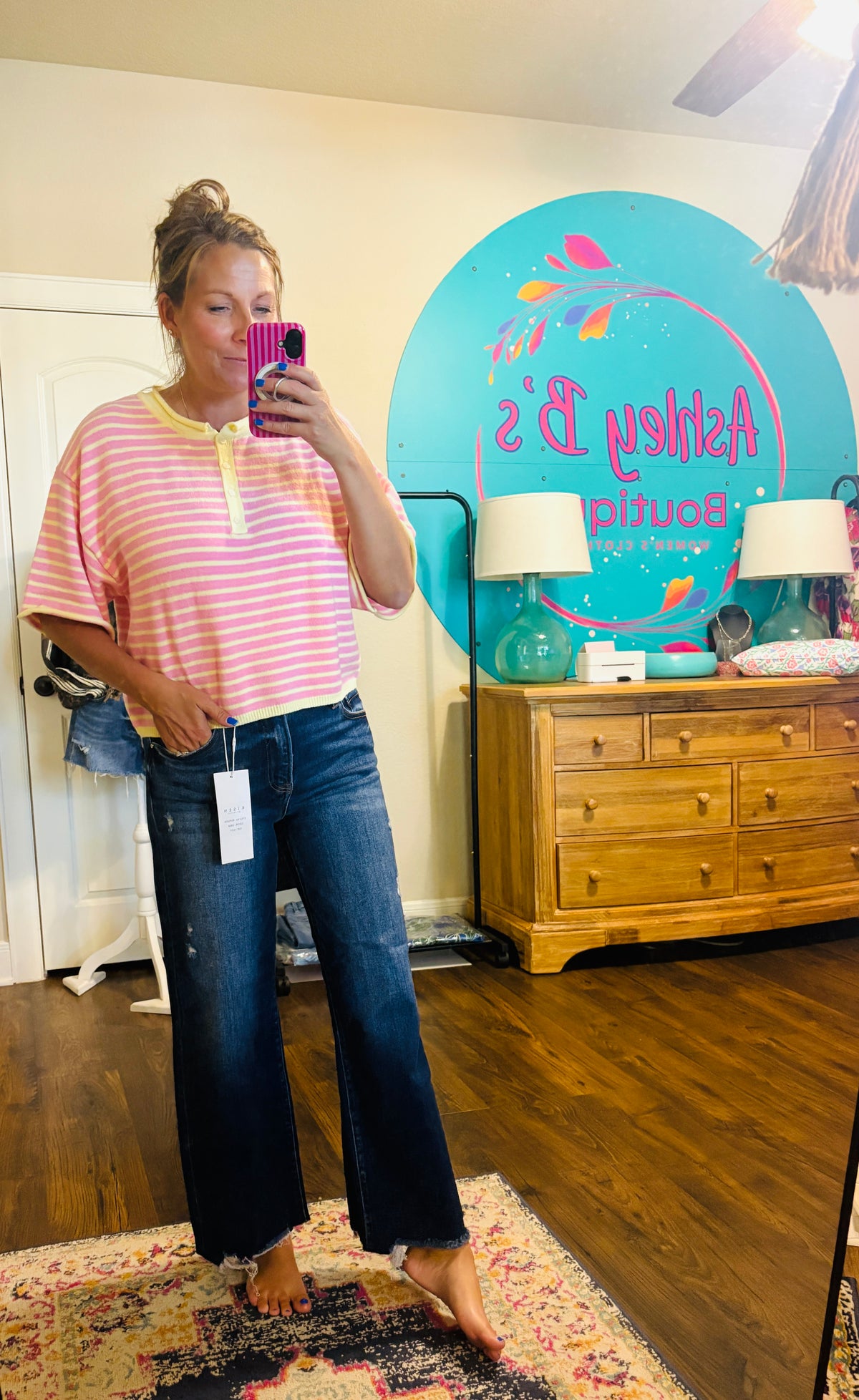 Pink & Yellow Striped Henley Sweater