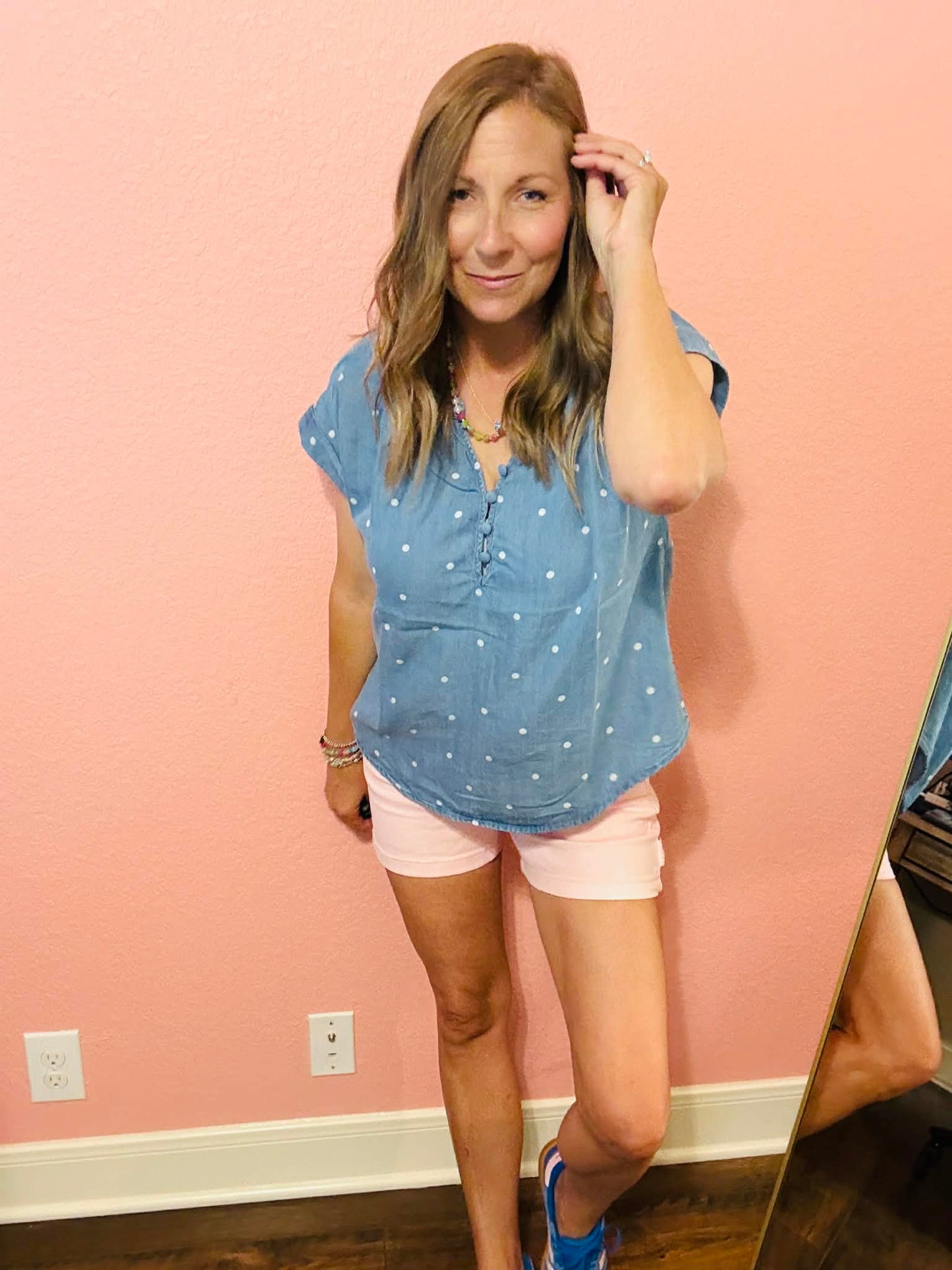 Sweet & Simple Chambray Polka Dot Top